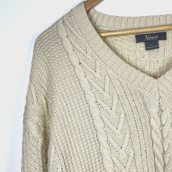 Natural Reflections V-Neck Sweater Oatmeal Cable Knit Fisherman’s Preppy Size XL - Picture 5 of 16